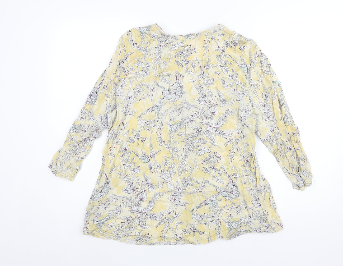 Marks and Spencer Womens Yellow Geometric Viscose Basic Blouse Size 16 V-Neck - Floral Bird Print