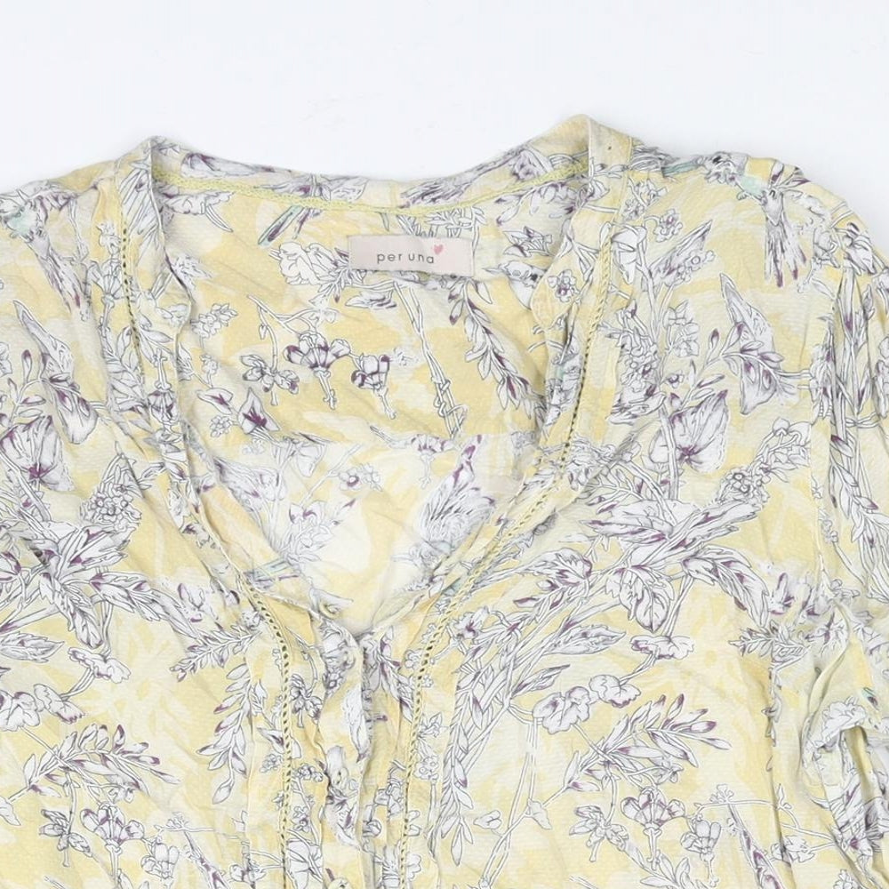 Marks and Spencer Womens Yellow Geometric Viscose Basic Blouse Size 16 V-Neck - Floral Bird Print