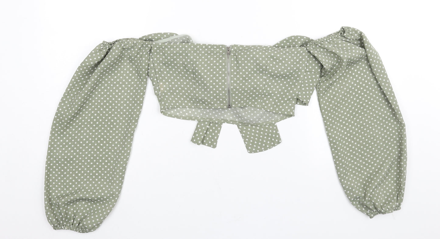 PRETTYLITTLETHING Womens Green Polka Dot Polyester Cropped Blouse Size 8 Off the Shoulder - Tie Detail