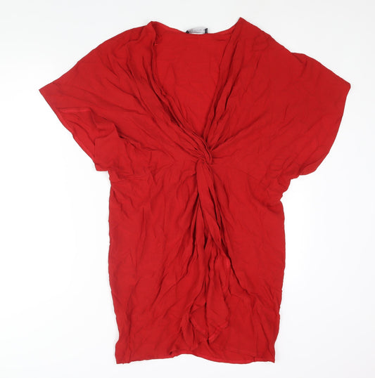 Marks and Spencer Womens Red Viscose Tunic Blouse Size S V-Neck - Twist Detail Open Front