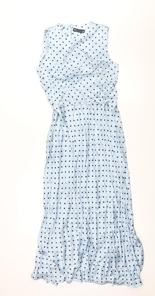 Marks and Spencer Womens Blue Polka Dot Polyester Maxi Size 10 Round Neck Zip - Belted