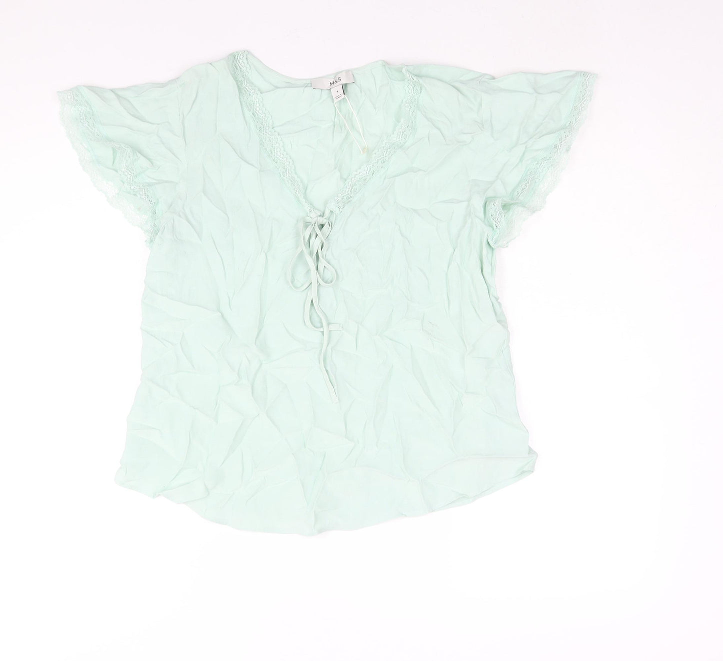 Marks and Spencer Womens Green Viscose Basic Blouse Size 8 V-Neck - Lace Trim