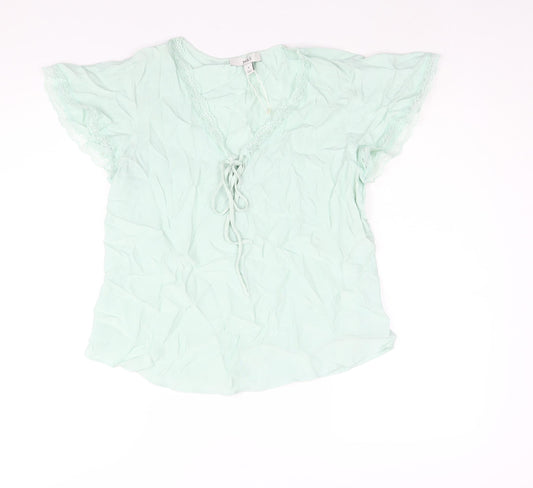 Marks and Spencer Womens Green Viscose Basic Blouse Size 8 V-Neck - Lace Trim