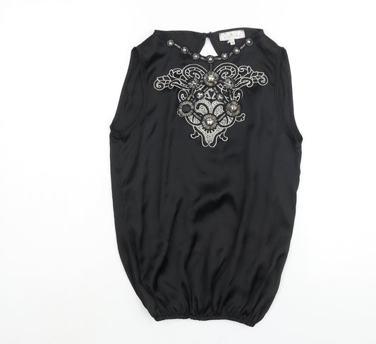 Rvier Island Womens Black Polyester Camisole Blouse Size 10 Round Neck - Rhinestone Embroidery Detail