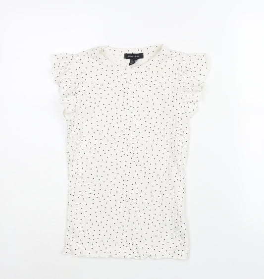 New Look Womens White Polka Dot Polyester Basic Blouse Size 8 Round Neck - Frill