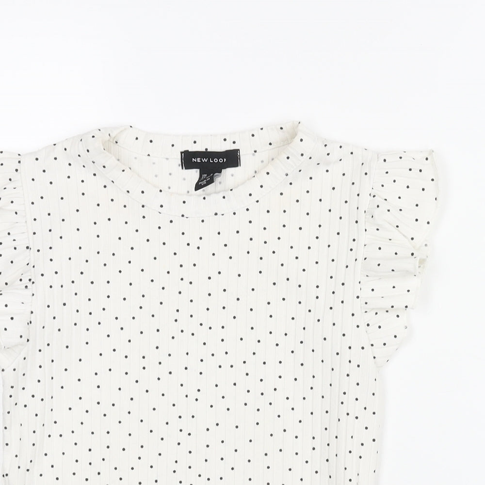 New Look Womens White Polka Dot Polyester Basic Blouse Size 8 Round Neck - Frill