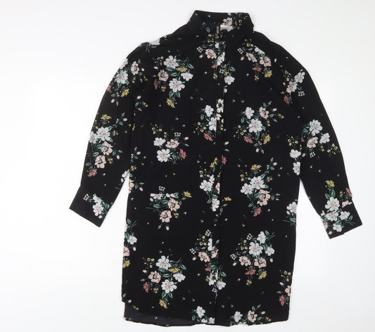 H&M Womens Black Floral Polyester Shirt Dress Size 8 Collared Button