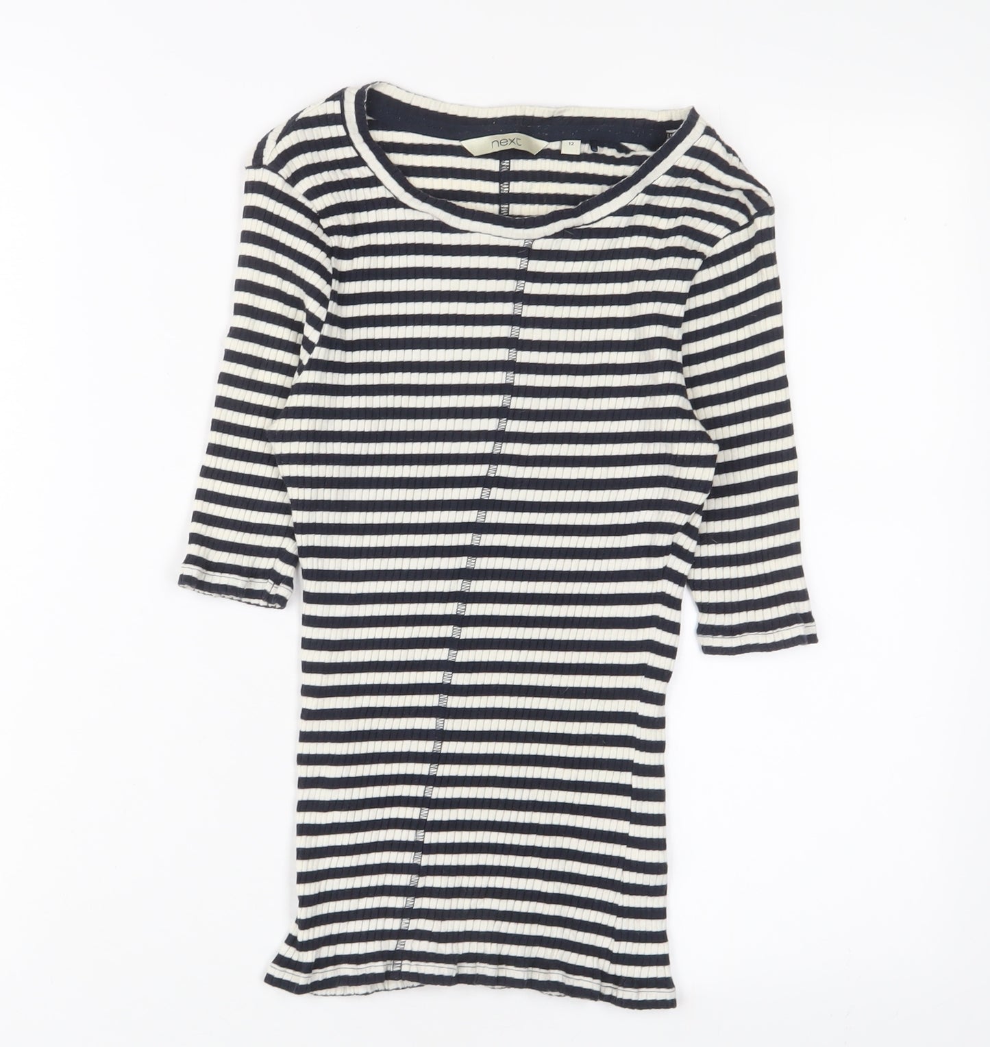 NEXT Womens Blue Striped Cotton Basic T-Shirt Size 12 Crew Neck - Stretch