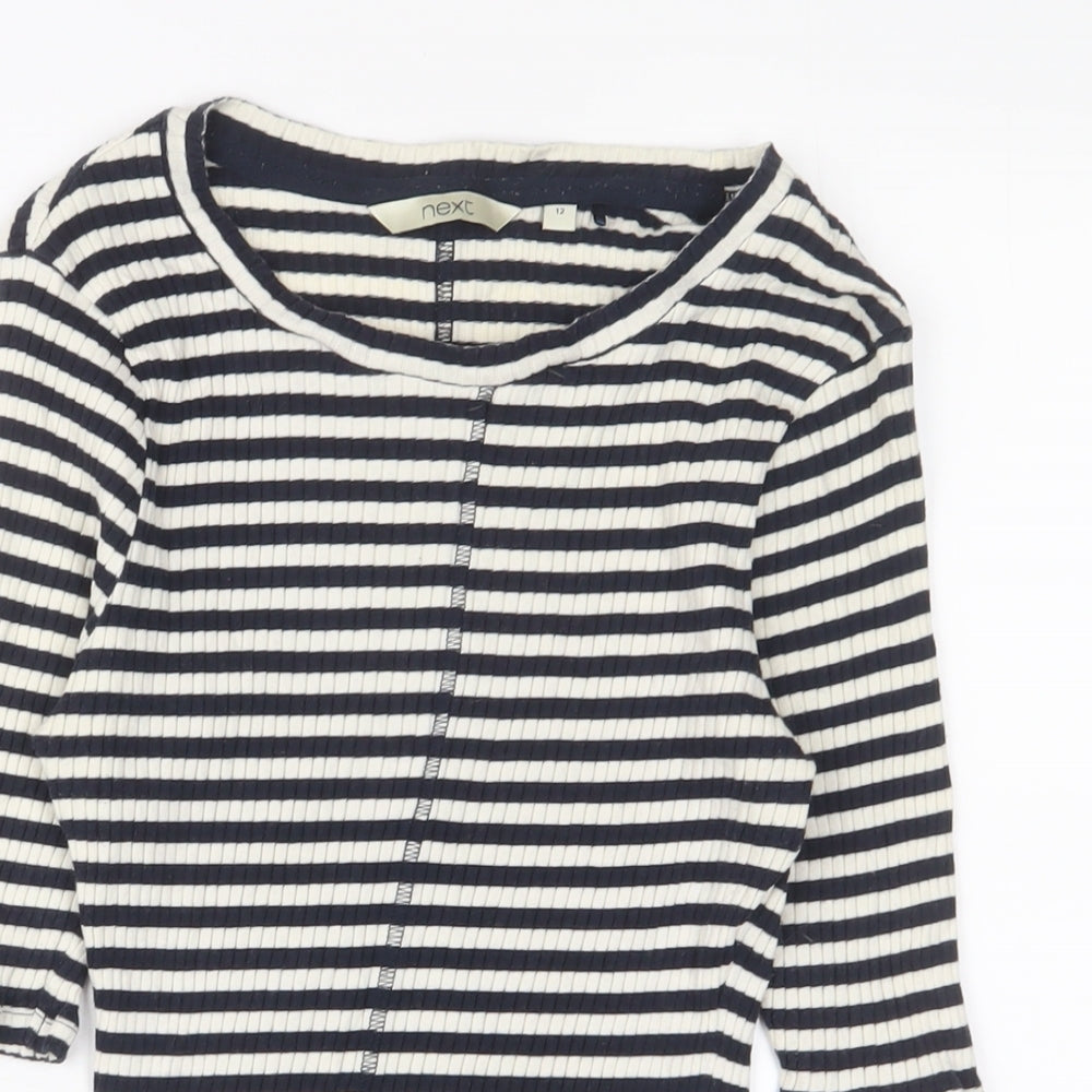 NEXT Womens Blue Striped Cotton Basic T-Shirt Size 12 Crew Neck - Stretch