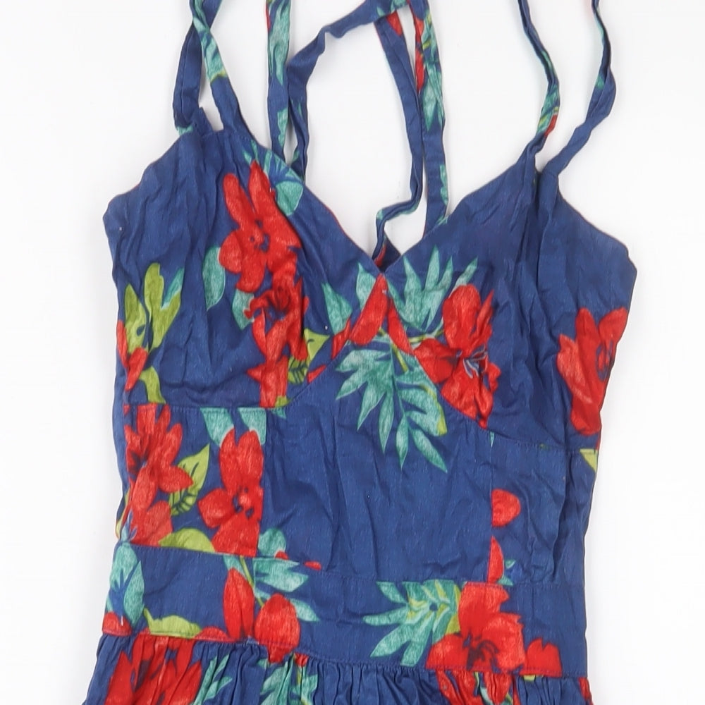 ASOS Womens Blue Floral Cotton A-Line Size 8 V-Neck Zip - Cross Back