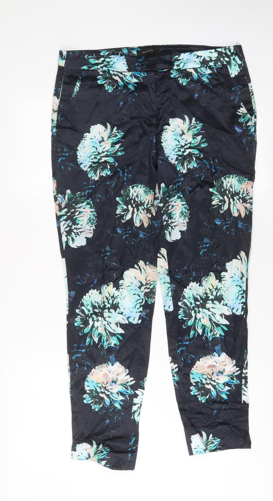 River Island Womens Blue Floral Cotton Trousers Size 12 L28 in Regular Hook & Eye