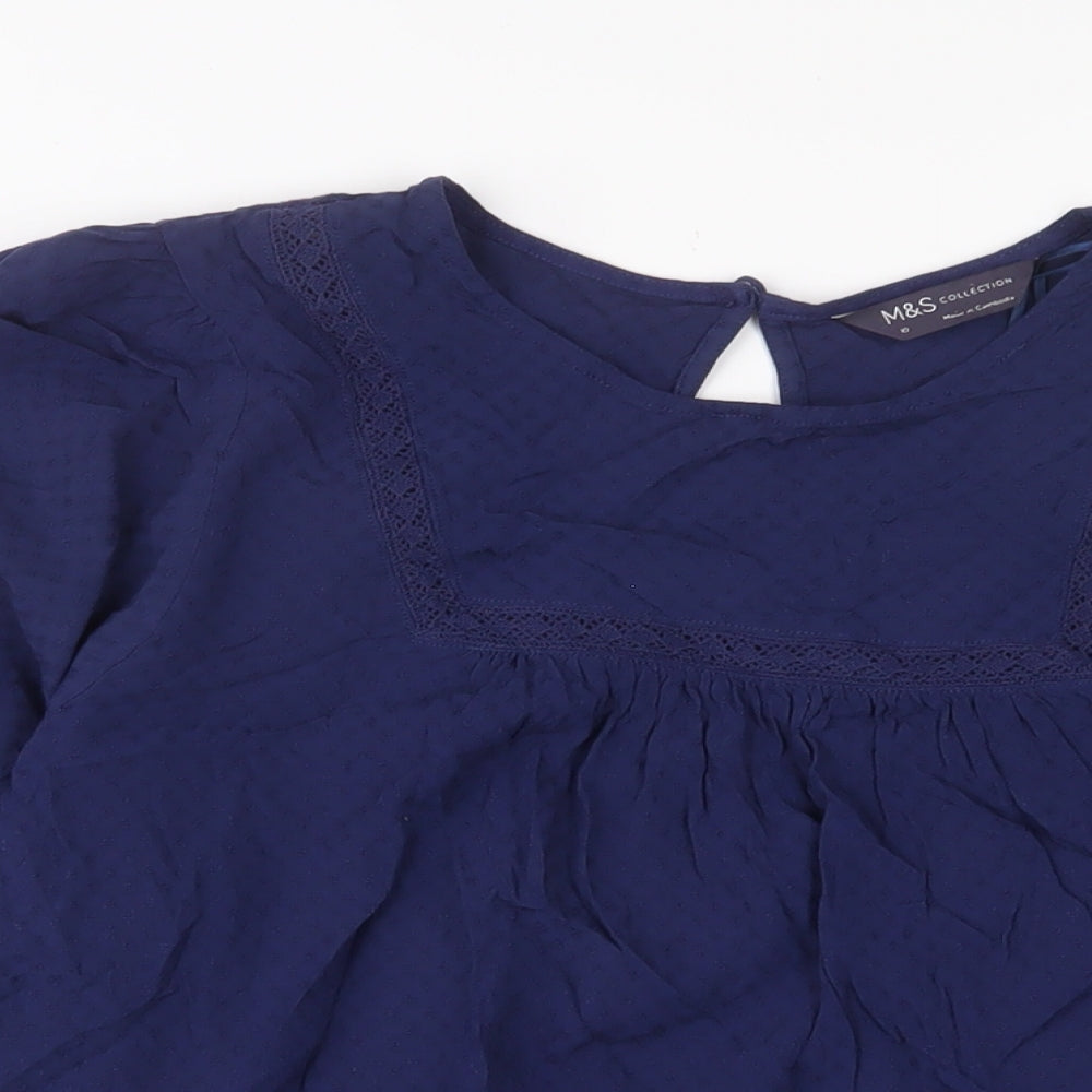 Marks and Spencer Womens Blue Viscose Basic T-Shirt Size 10 Crew Neck - Embroidered