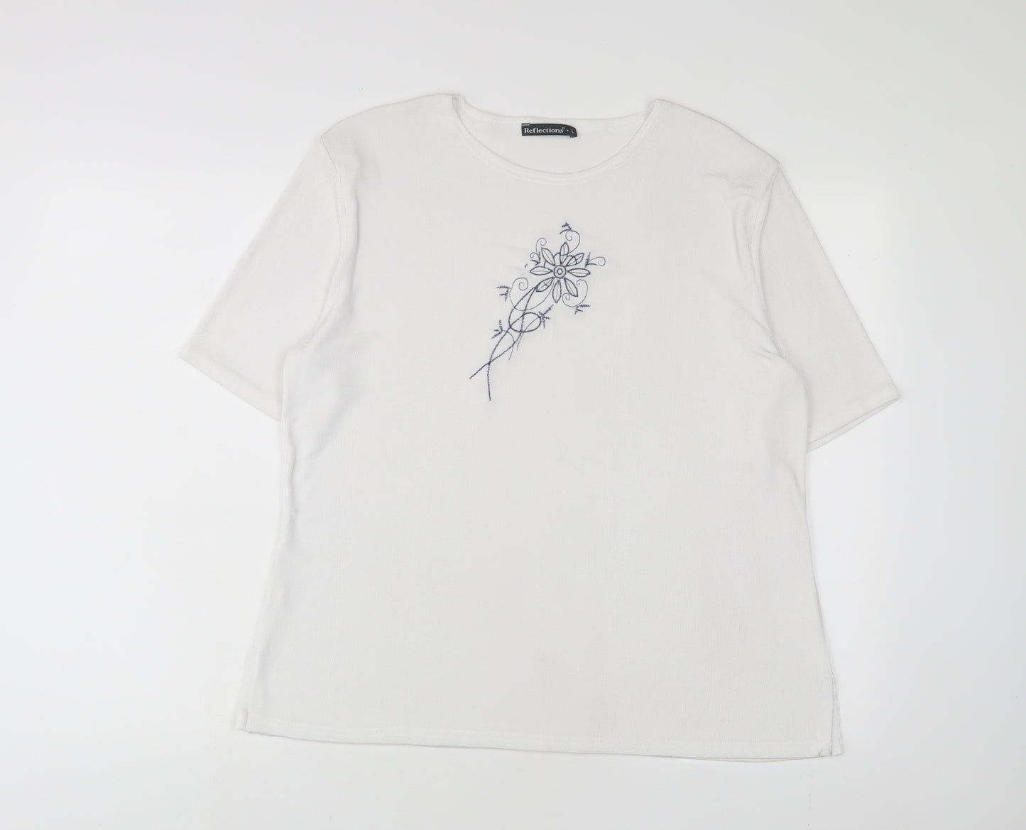 Reflections Womens White Polyester Basic T-Shirt Size L Crew Neck - Embroidered