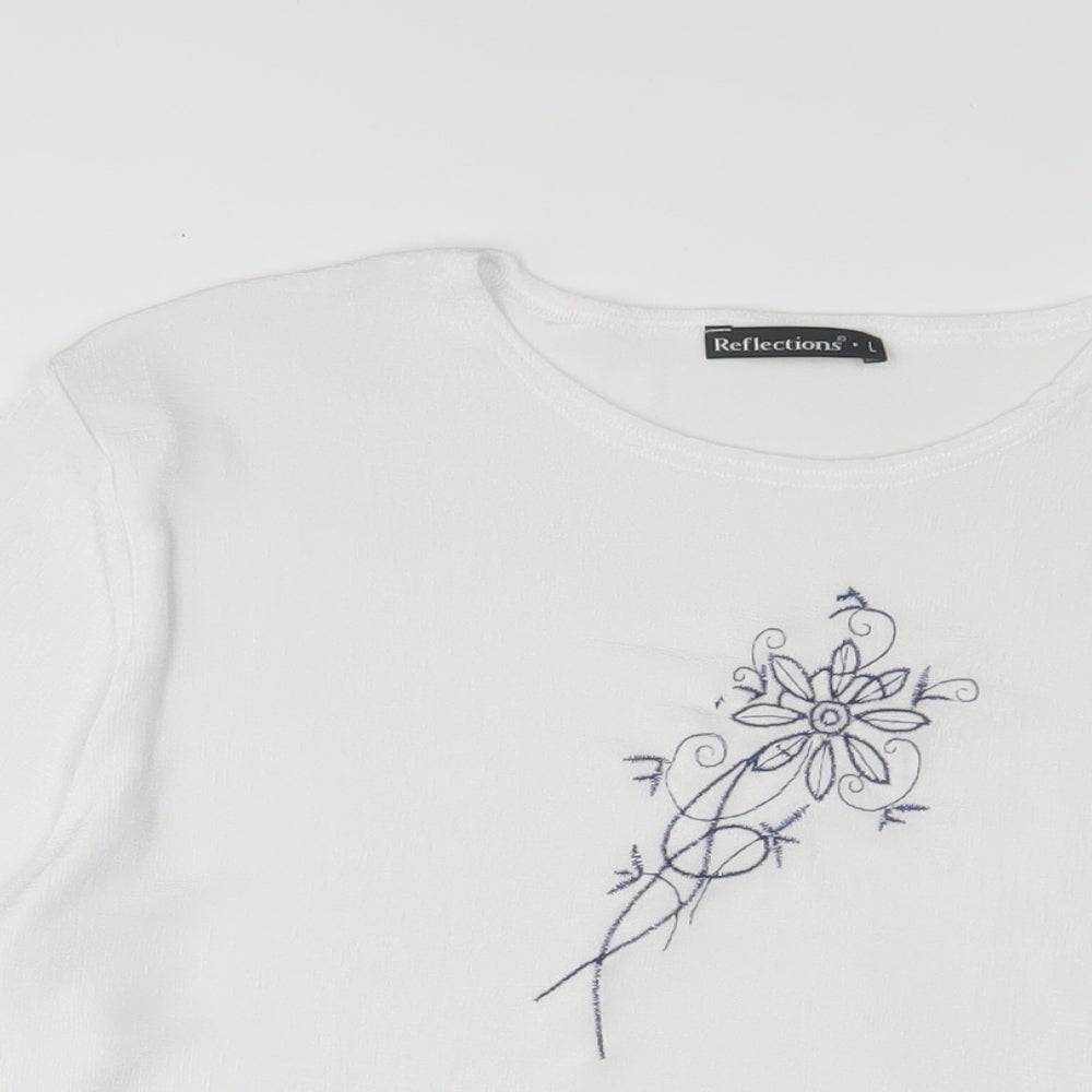 Reflections Womens White Polyester Basic T-Shirt Size L Crew Neck - Embroidered