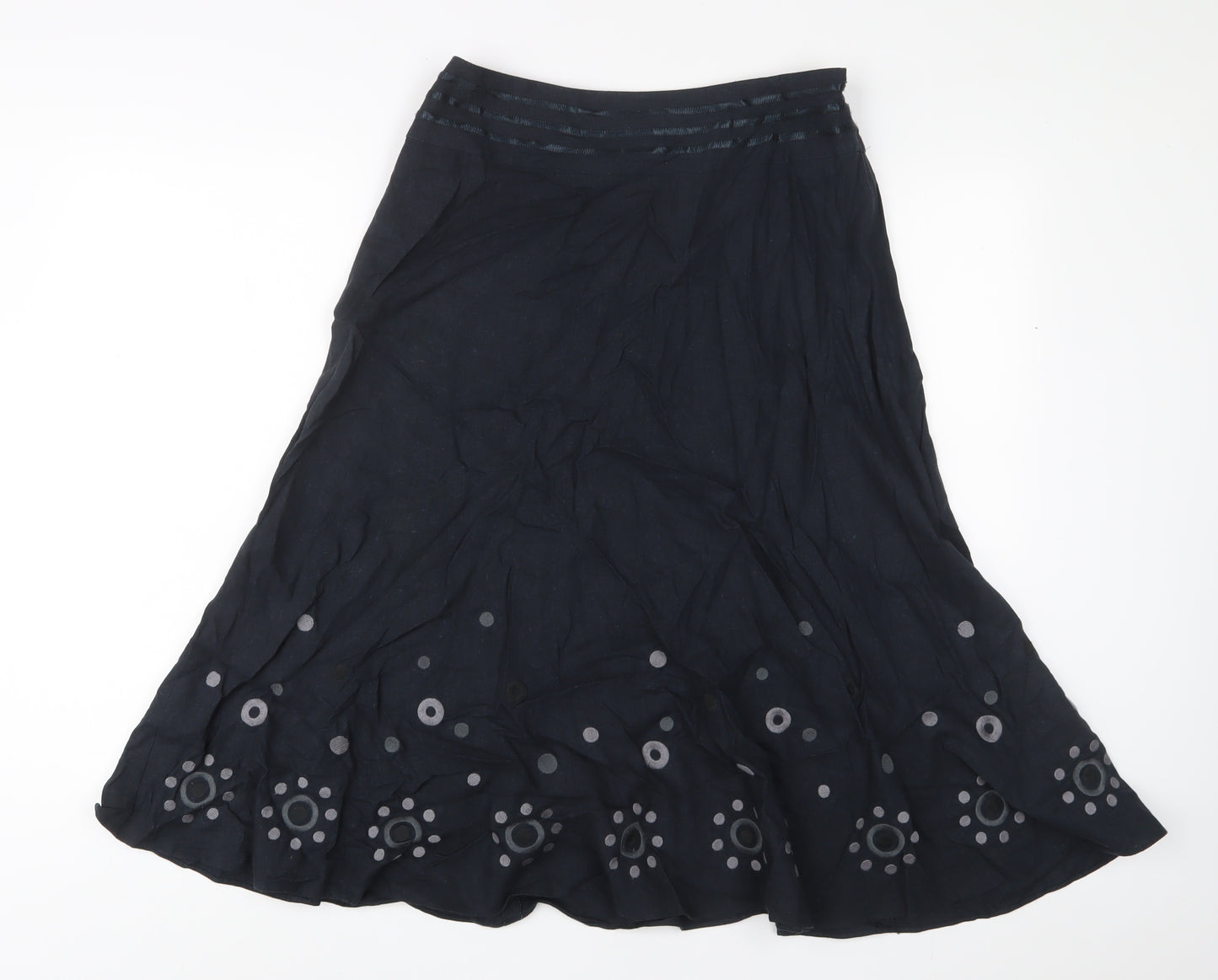 MARKS AN'D Womens Black Linen A-Line Skirt Size 10 Zip - Embroidered