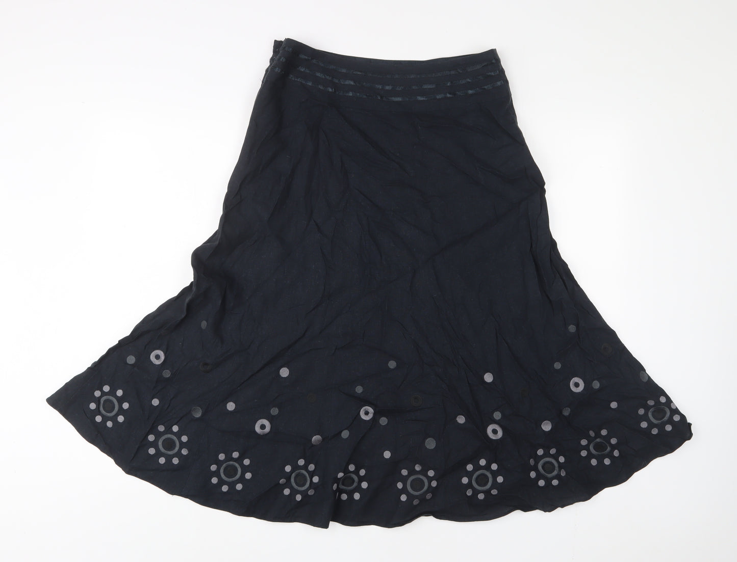 MARKS AN'D Womens Black Linen A-Line Skirt Size 10 Zip - Embroidered