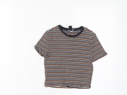 New Look Girls Brown Striped Cotton Cropped T-Shirt Size 10-11 Years Crew Neck Pullover