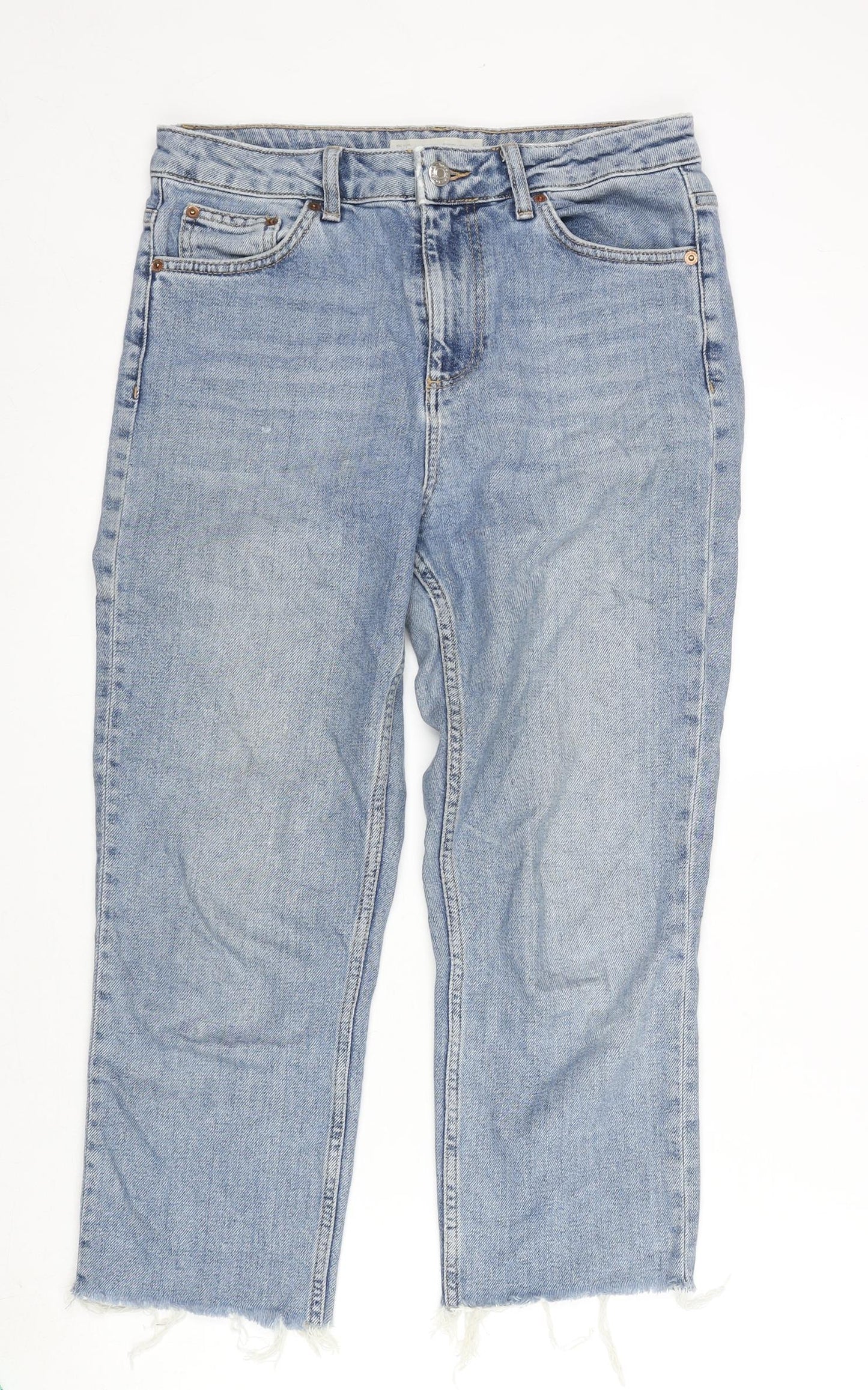 Topshop Womens Blue Cotton Blend Straight Jeans Size 30 in L28 in Regular Zip - Raw Hem