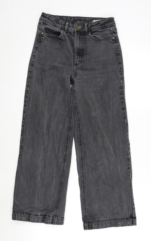 Marks and Spencer Womens Grey Cotton Blend Wide-Leg Jeans Size 8 L26 in Regular Zip