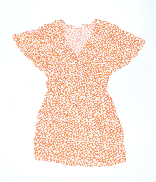 Mango Womens Orange Floral Viscose Mini Size S V-Neck Button