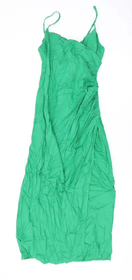 Zara Womens Green Linen A-Line Size XS V-Neck Zip