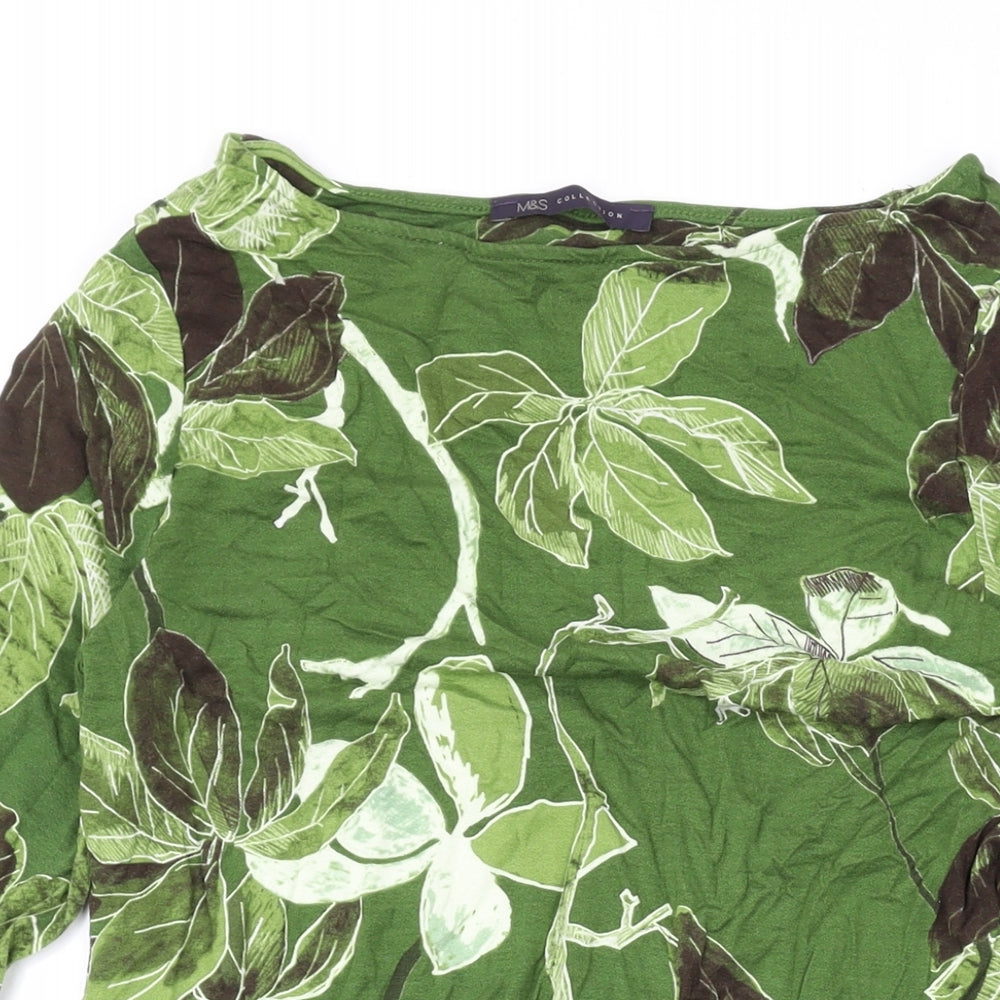 Marks and Spencer Womens Green Floral Viscose Basic Blouse Size 8 Boat Neck