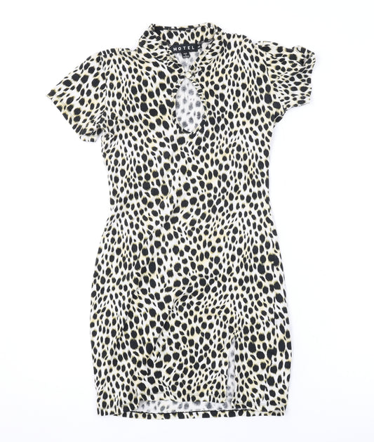 Motel Womens Brown Animal Print Cotton Bodycon Size XS Round Neck Button