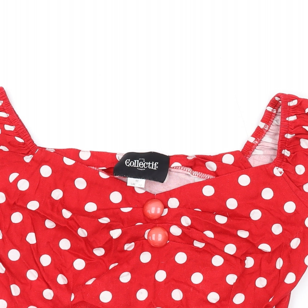 Collectif Womens Red Polka Dot Cotton Basic Blouse Size M Sweetheart