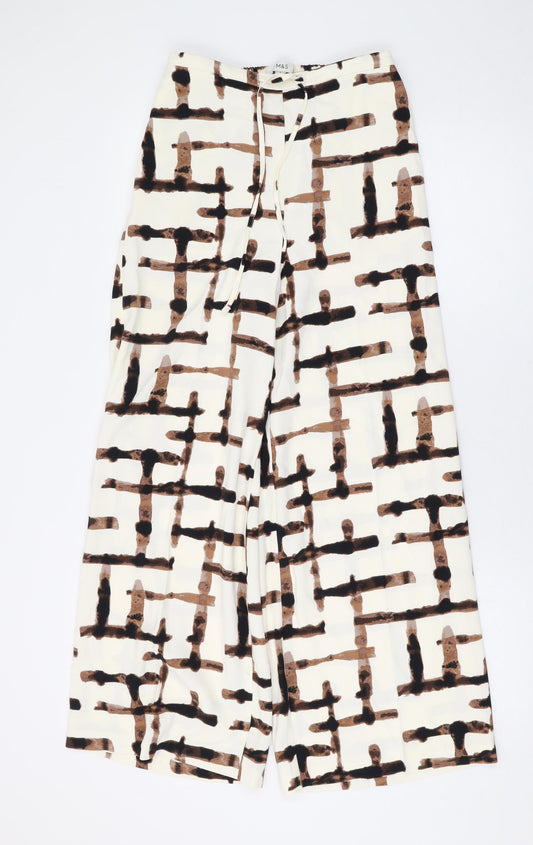 Marks and Spencer Womens Beige Geometric Polyester Trousers Size 6 L27 in Regular Drawstring