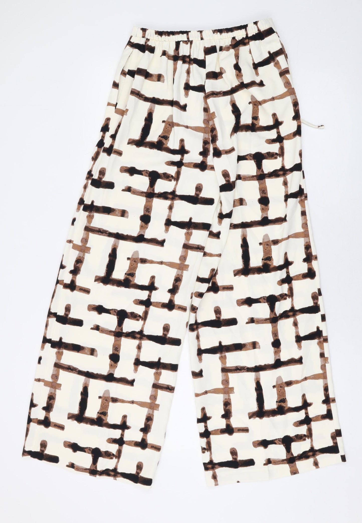 Marks and Spencer Womens Beige Geometric Polyester Trousers Size 6 L27 in Regular Drawstring