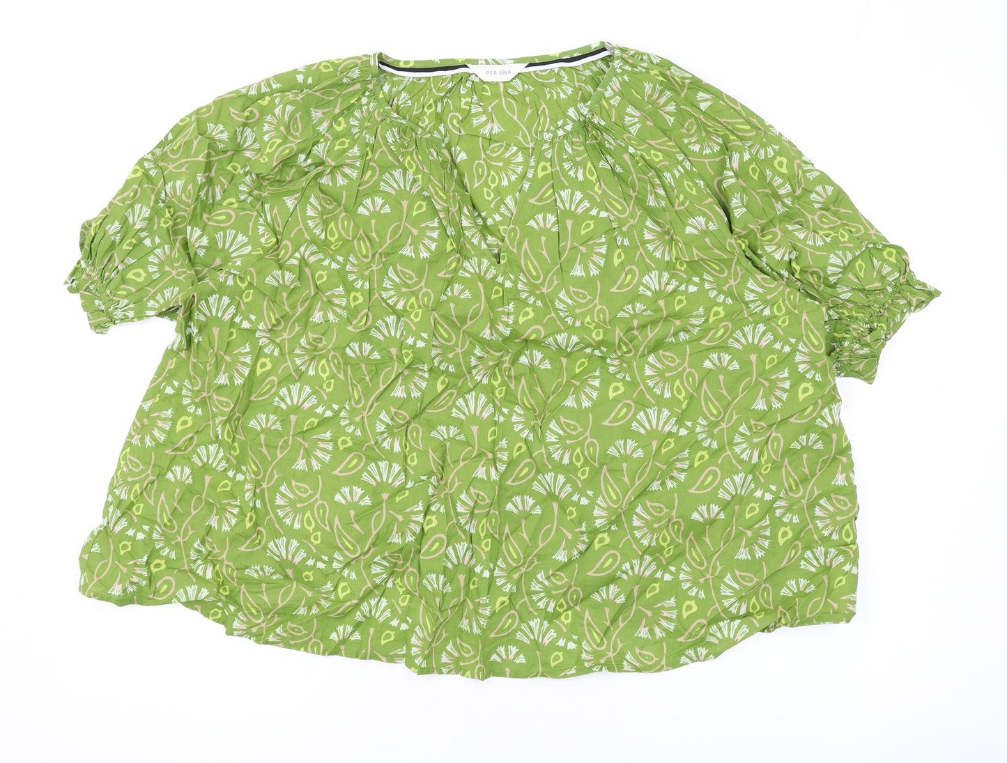 Per Una Womens Green Floral Cotton Basic Blouse Size 16 V-Neck