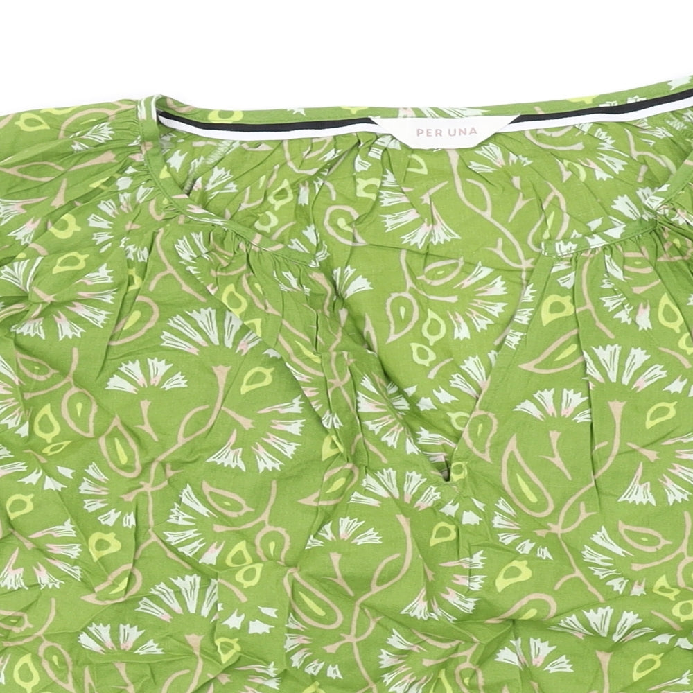 Per Una Womens Green Floral Cotton Basic Blouse Size 16 V-Neck