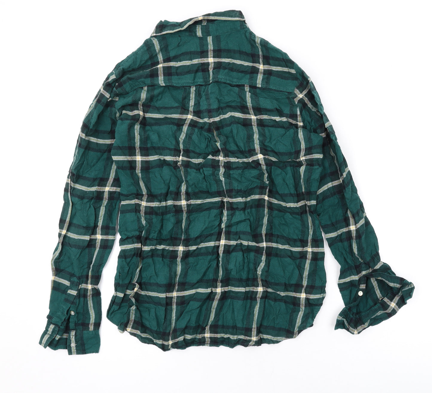 H&M Womens Green Plaid Cotton Basic Button-Up Size 8 Collared