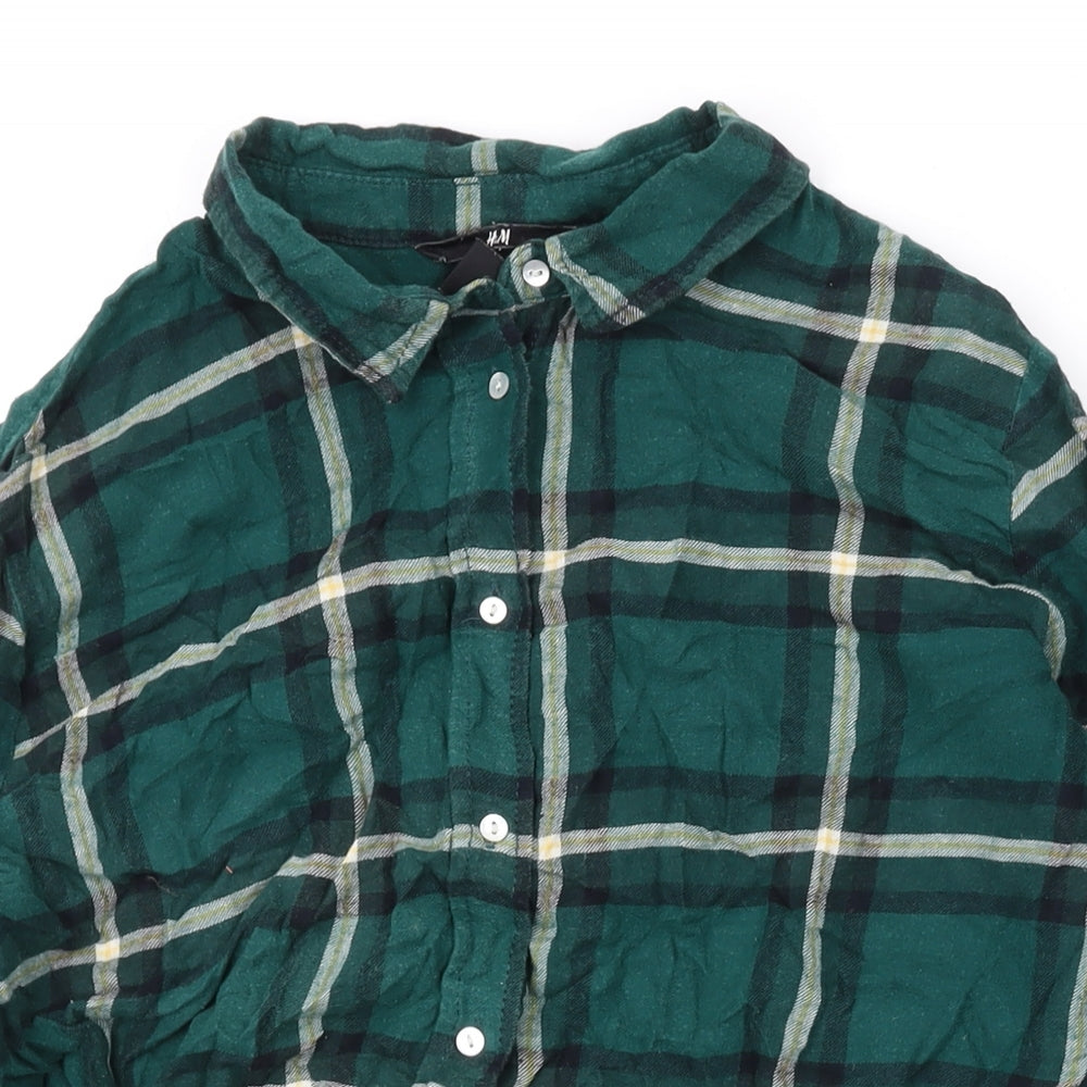 H&M Womens Green Plaid Cotton Basic Button-Up Size 8 Collared