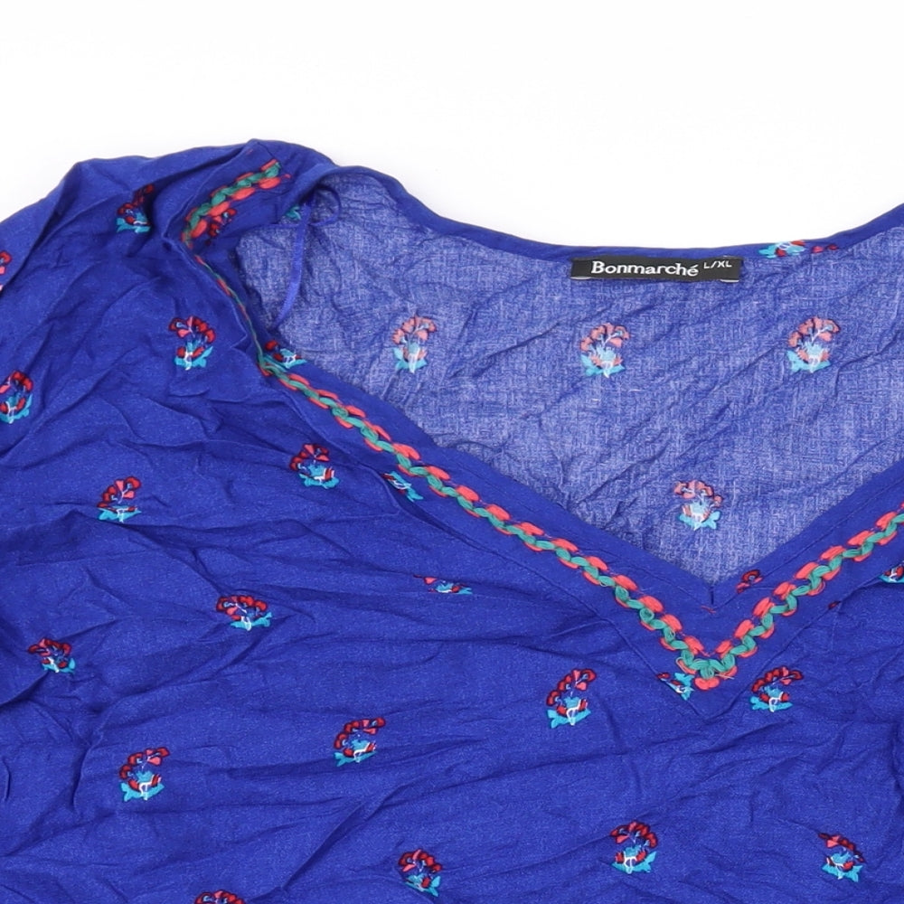 Bonmarché Womens Blue Geometric Viscose Basic Blouse Size L V-Neck