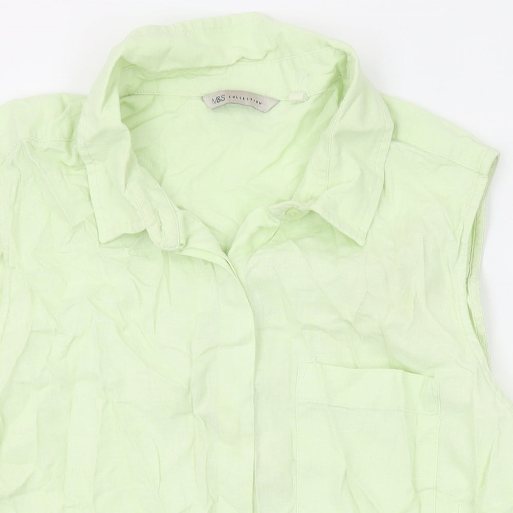 Marks and Spencer Womens Green Linen Basic Button-Up Size 16 Collared