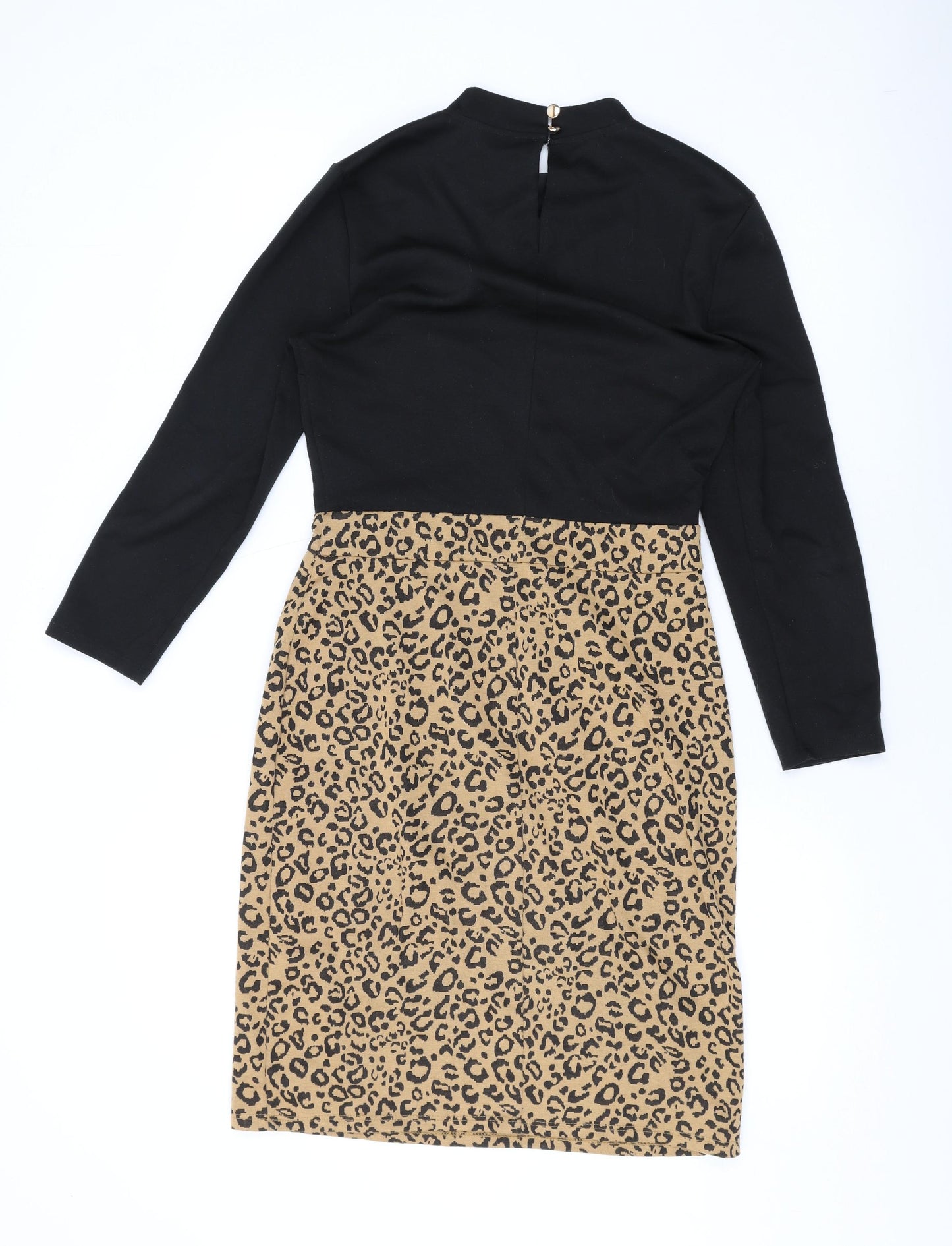 Dorothy Perkins Womens Black Animal Print Polyester Bodycon Size 8 Mock Neck Button