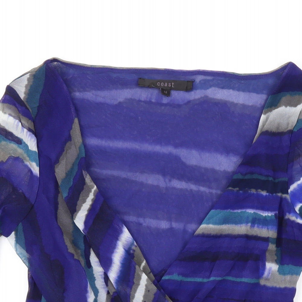 Coast Womens Blue Striped Polyamide Basic Blouse Size 12 V-Neck