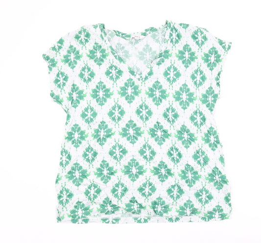 Marks and Spencer Womens Green Geometric Cotton Basic T-Shirt Size 18 V-Neck