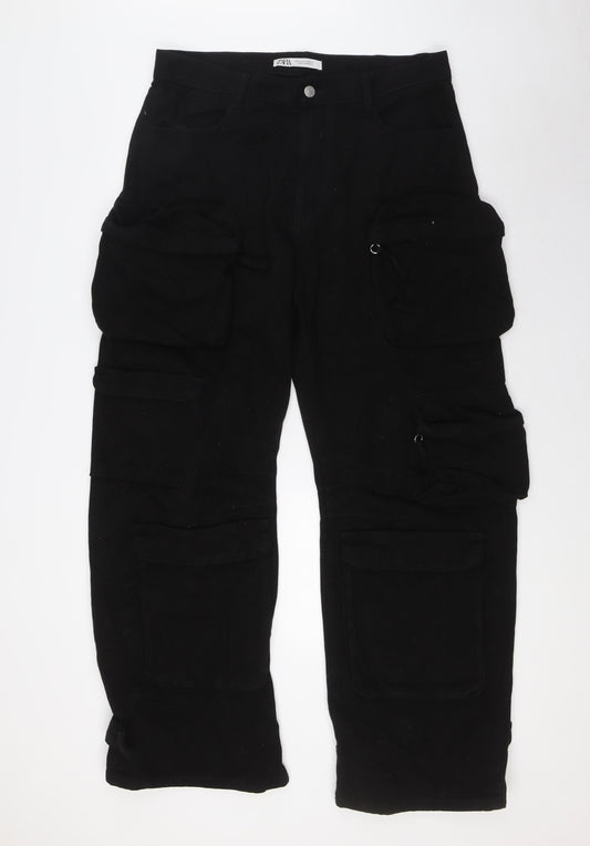 Zara Mens Black Cotton Cargo Trousers Size 34 in L32 in Relaxed Zip