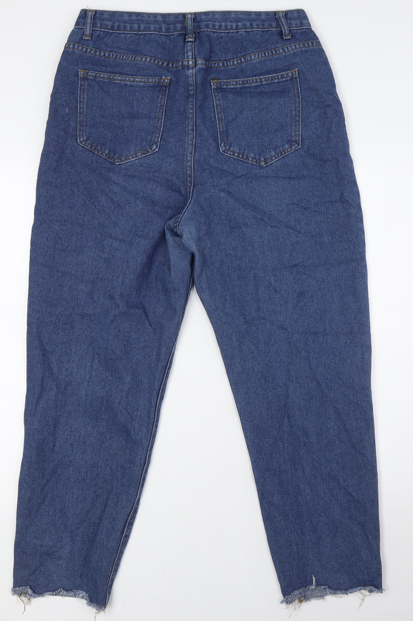 Boohoo Womens Blue Cotton Mom Jeans Size 12 L27 in Regular Tie - Raw Hem