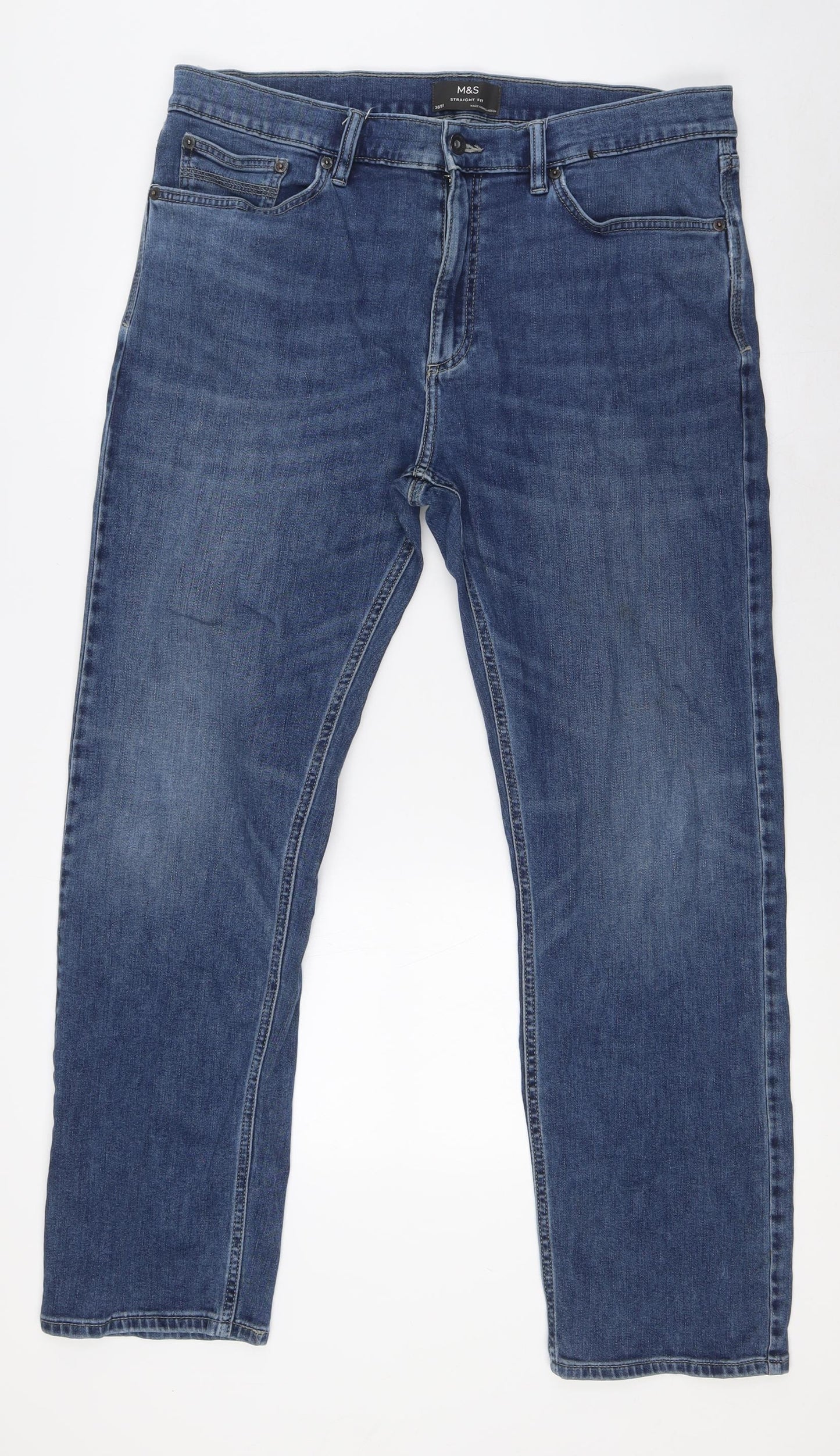 Marks and Spencer Mens Blue Cotton Straight Jeans Size 36 in L31 in Regular Zip