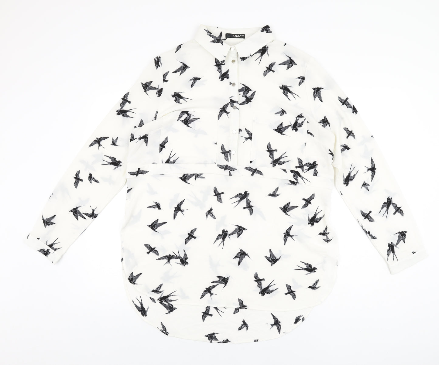 Quiz Womens White Geometric Polyester Basic Blouse Size 14 Collared - Bird Print