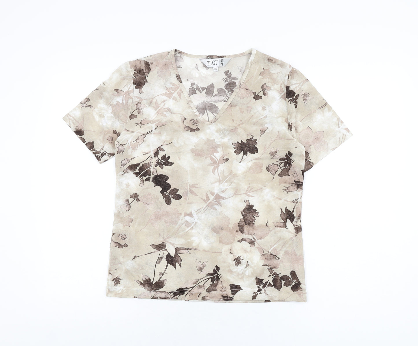 TIGI Womens Beige Floral Polyester Basic T-Shirt Size 10 V-Neck - Size 10-12