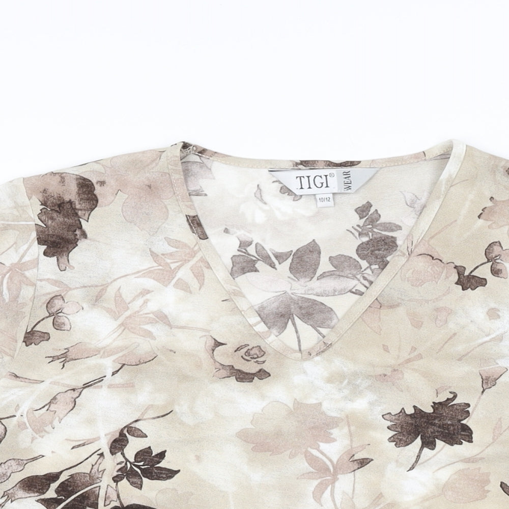 TIGI Womens Beige Floral Polyester Basic T-Shirt Size 10 V-Neck - Size 10-12