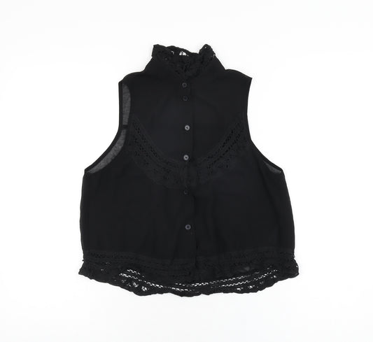 Topshop Womens Black Polyester Basic Button-Up Size 8 Round Neck