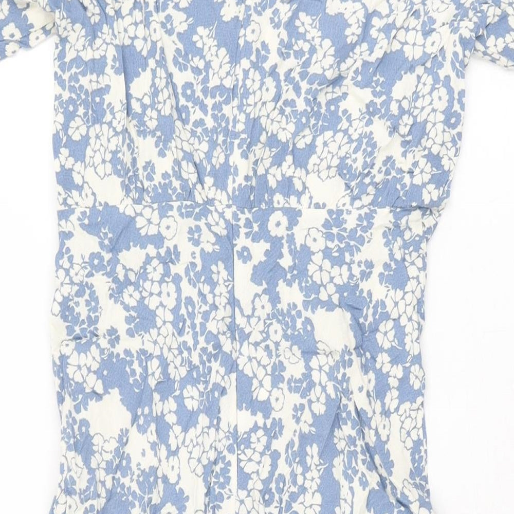 Marks and Spencer Womens Blue Floral Viscose A-Line Size 8 Round Neck Zip