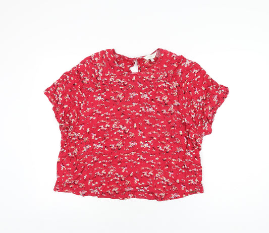 Marks and Spencer Womens Red Floral Viscose Basic T-Shirt Size 18 Round Neck