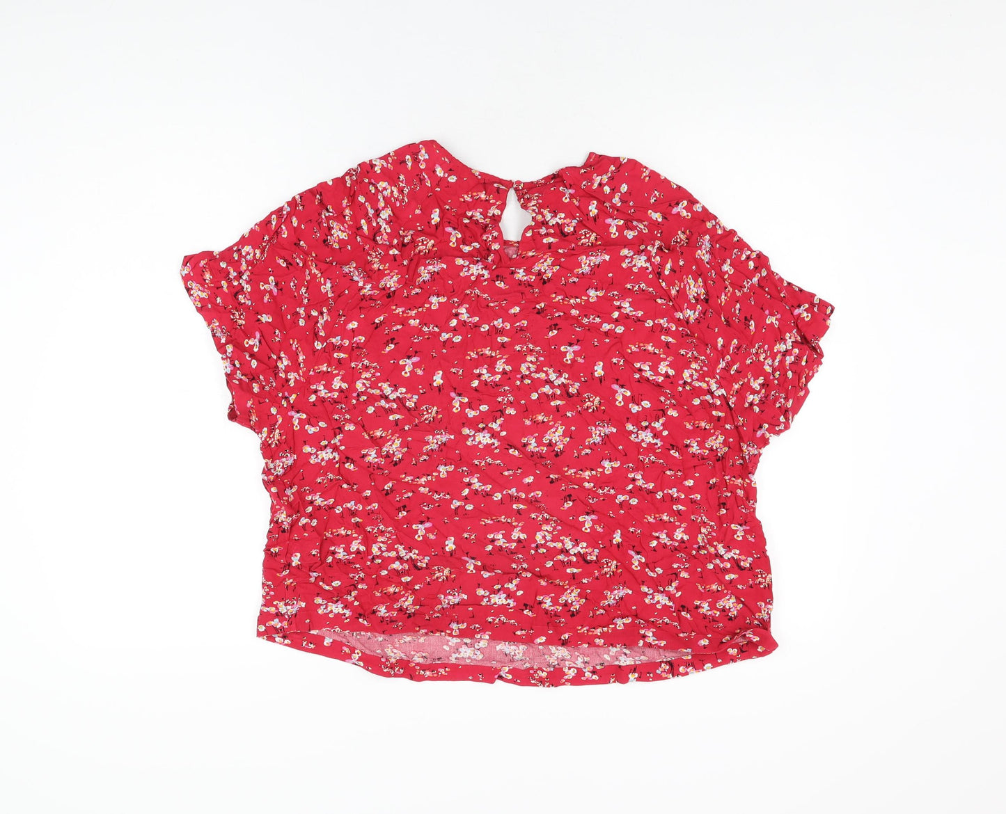 Marks and Spencer Womens Red Floral Viscose Basic T-Shirt Size 18 Round Neck