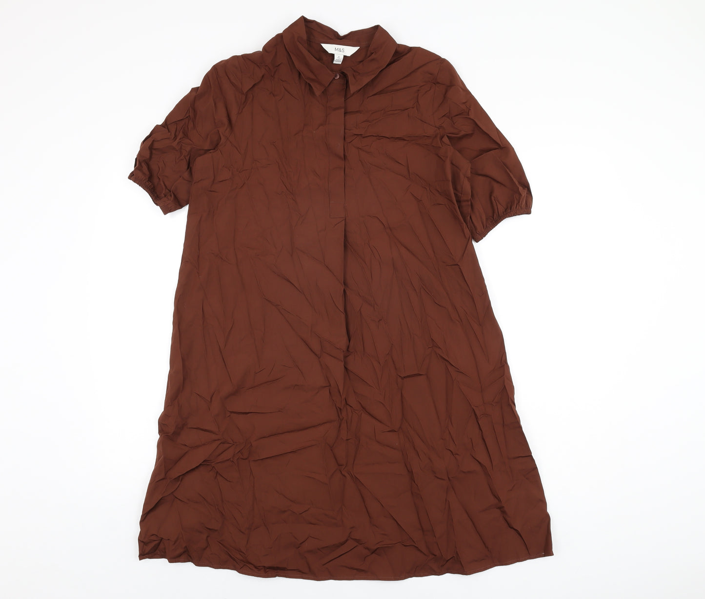 Marks and Spencer Womens Brown Cotton Shift Size 8 Collared Button